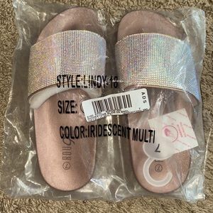 Iridescent rhinestone slide sandals